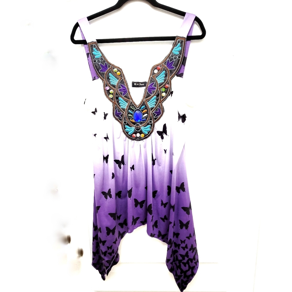 ``T25024 Fang Purple & White Butterfly Print Tank Tunic
